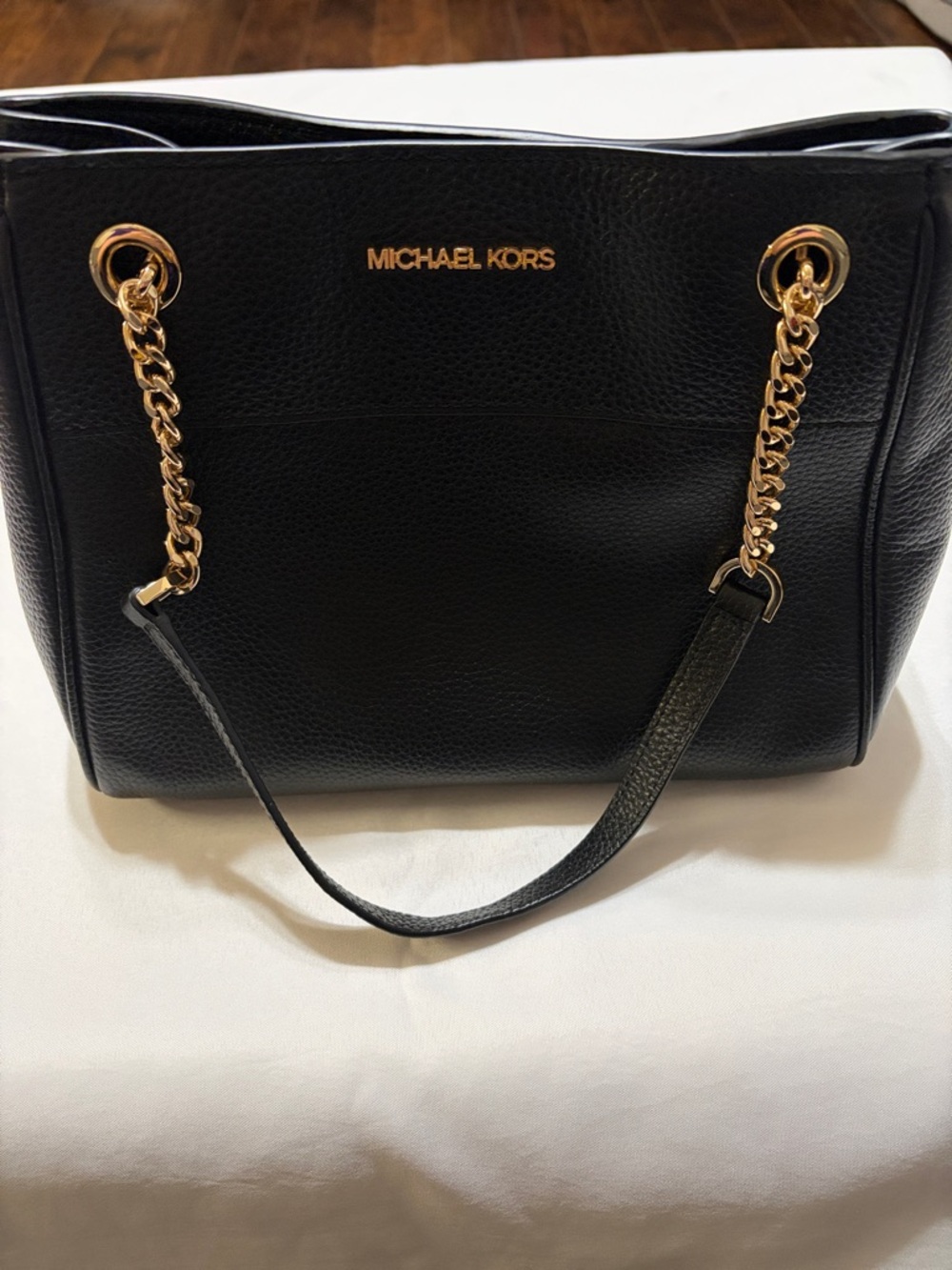 Michael Kors Black Leather Tote with Gold Chain Handles